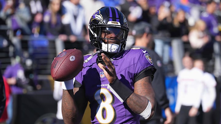 Nov 3, 2024; Baltimore, Maryland, USA; Baltimore Ravens quarterback Lamar Jackson (8) prior to the game against the Denver Broncos at M&T Bank Stadium. Mandatory Credit: Mitch Stringer-Imagn Images