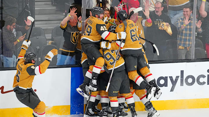 Apr 29, 2026; Las Vegas, Nevada, USA; Vegas Golden Knights players celebrate after defeating the Utah Mammoth 5-4 during the second overtime period of game five of the first round of the 2026 Stanley Cup Playoffs at T-Mobile Arena. Mandatory Credit: Stephen R. Sylvanie-Imagn Images
