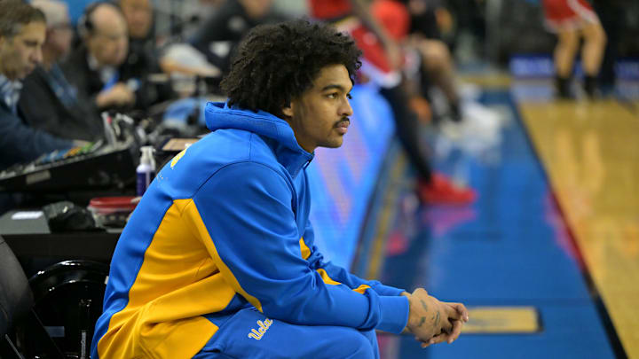 Jan 10, 2026; Los Angeles, California, USA;  UCLA Bruins guard Skyy Clark (55) looks on from the court prior to the game against the Maryland Terrapins at Pauley Pavilion presented by Wescom Financial. Mandatory Credit: Jayne Kamin-Oncea-Imagn Images