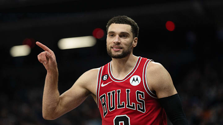 Dec 4, 2022; Sacramento, California, USA;  Chicago Bulls guard Zach LaVine (8) reacts during the fourth quarter against the Sacramento Kings at Golden 1 Center. Mandatory Credit: Stan Szeto-Imagn Images