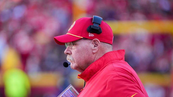 Nov 10, 2024; Kansas City, Missouri, USA; Kansas City Chiefs head coach Andy Reid watches play against the Denver Broncos during the second half at GEHA Field at Arrowhead Stadium. Mandatory Credit: Denny Medley-Imagn Images