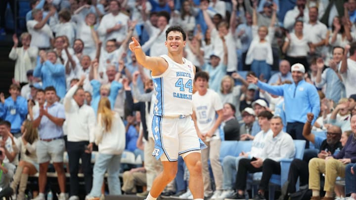 Nov 7, 2025; Chapel Hill, North Carolina, USA; North Carolina Tar Heels guard Luka Bogavac (44) reacts after hitting a three point shot in the second half at Dean E. Smith Center. 