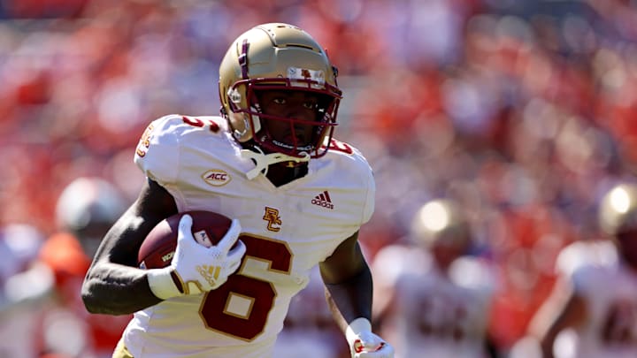 Oct 5, 2024; Charlottesville, Virginia, USA; Boston College Eagles wide receiver Jaedn Skeete (6) runs for a touchdown after a catch during the first quarter against the Virginia Cavaliers at Scott Stadium. Mandatory Credit: Peter Casey-Imagn Images