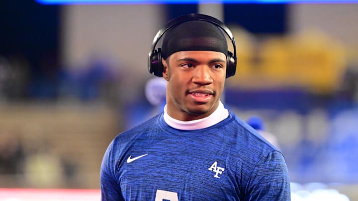 Nov 19, 2022; Colorado Springs, Colorado, USA; Air Force Falcons safety Trey Taylor (7) looks on before a game against the Colorado State Rams at Falcon Stadium. Mandatory Credit: Ron Chenoy-Imagn Images