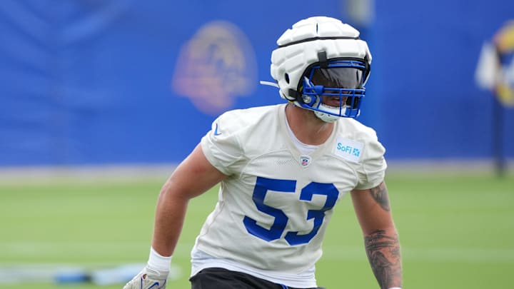 May 28, 2025; Woodland Hills, CA, USA; Los Angeles Rams linebacker Nate Landman (53) participates in defensive drills during organized team activities at Rams Practice Facility. Mandatory Credit: Kirby Lee-Imagn Images May 28, 2025; Woodland Hills, CA, USA; Los Angeles Rams linebacker Nate Landman (53) participates in defensive drills during organized team activities at Rams Practice Facility. Mandatory Credit: Kirby Lee-Imagn Images