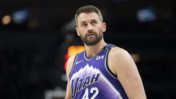 Mar 18, 2026; Minneapolis, Minnesota, USA; Utah Jazz forward Kevin Love (42) looks on against the Minnesota Timberwolves in the first half at Target Center. Mandatory Credit: Jesse Johnson-Imagn Images