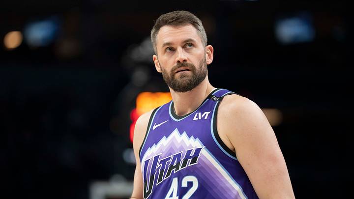 Utah Jazz forward Kevin Love (42) looks on against the Minnesota Timberwolves in the first half at Target Center on Mar 18, 2026. Utah Jazz forward Kevin Love (42) looks on against the Minnesota Timberwolves in the first half at Target Center on Mar 18, 2026.