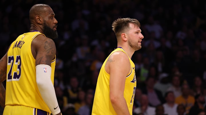 Feb 27, 2025; Los Angeles, California, USA: Los Angeles Lakers guard Luka Doncic (77) and forward LeBron James (23) during the fourth quarter against the Minnesota Timberwolves at Crypto.com Arena. Mandatory Credit: Jason Parkhurst-Imagn Images Feb 27, 2025; Los Angeles, California, USA: Los Angeles Lakers guard Luka Doncic (77) and forward LeBron James (23) during the fourth quarter against the Minnesota Timberwolves at Crypto.com Arena. Mandatory Credit: Jason Parkhurst-Imagn Images