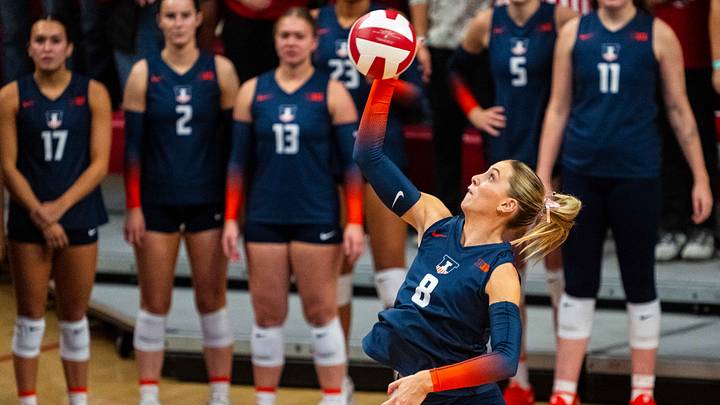 Oct 25, 2024; Lincoln, NE, USA; Illinois Fighting Illini outside hitter Averie Hernandez (8) serves against the Nebraska Cornhuskers during the first set at Bob Devaney Sports Center. Mandatory Credit: Dylan Widger-Imagn Images