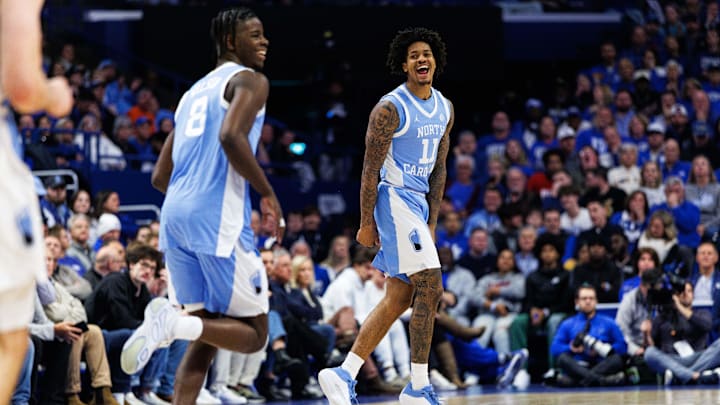 Dec 2, 2025; Lexington, Kentucky, USA; North Carolina Tar Heels forward Jonathan Powell (11) celebrates a three point basket during the first half against the Kentucky Wildcats at Rupp Arena at Central Bank Center. Mandatory Credit: Jordan Prather-Imagn Images