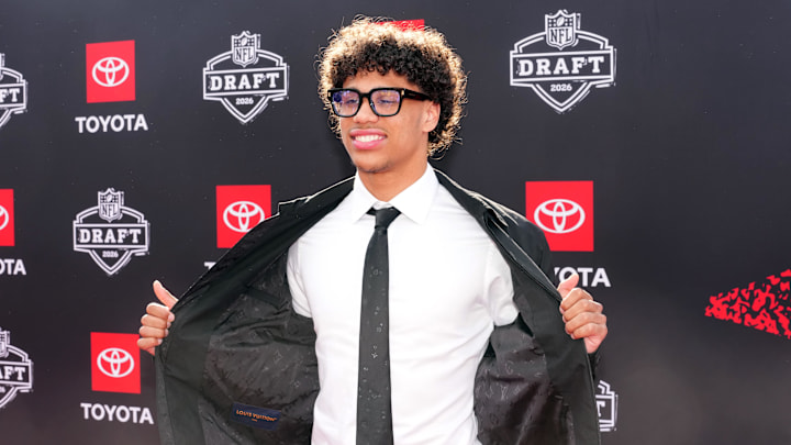Arizona State Sun Devils receiver Jordyn Tyson poses on the red carpet before the 2026 NFL Draft at Point State Park.