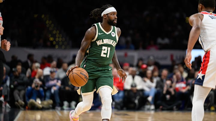 Apr 2, 2024; Washington, District of Columbia, USA; Milwaukee Bucks guard Patrick Beverley (21) brings the ball up court against the Washington Wizards during the second quarter at Capital One Arena. Mandatory Credit: Reggie Hildred-Imagn Images
