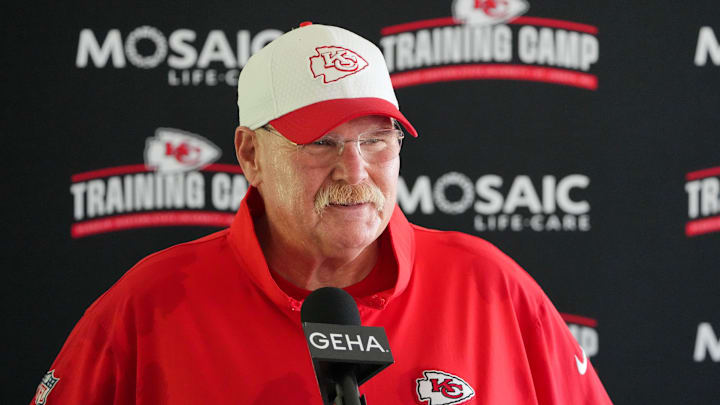 Jul 26, 2024; Kansas City, MO, USA; Kansas City Chiefs head coach Andy Reid speaks to the media after training camp at Missouri Western State University. Mandatory Credit: Denny Medley-USA TODAY Sports