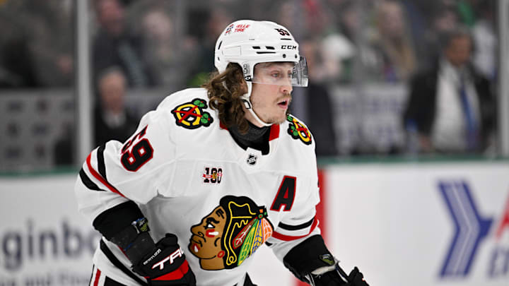 Mar 8, 2026; Dallas, Texas, USA; Chicago Blackhawks left wing Tyler Bertuzzi (59) skates against the Dallas Stars during the game between the Stars and the Blackhawks at American Airlines Center. Mandatory Credit: Jerome Miron-Imagn Images