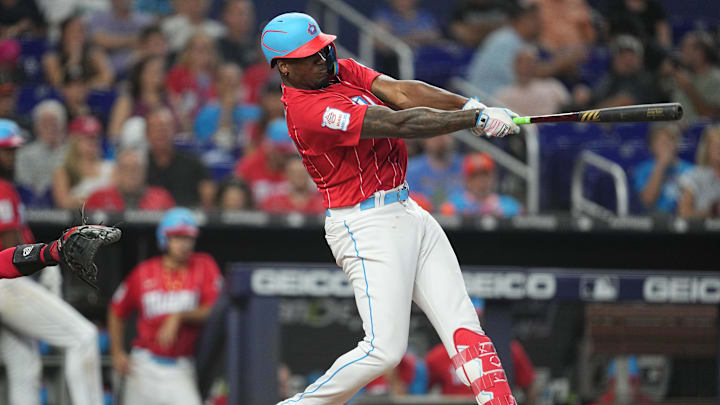 Aug 26, 2023; Miami, Florida, USA;  Miami Marlins designated hitter Jorge Soler (12) hits a solo