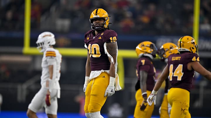 Dec 7, 2024; Arlington, TX, USA; Arizona State Sun Devils defensive lineman Clayton Smith (10) celebrates during the game between the Iowa State Cyclones and the Arizona State Sun Devils at AT&T Stadium. Mandatory Credit: Jerome Miron-Imagn Images