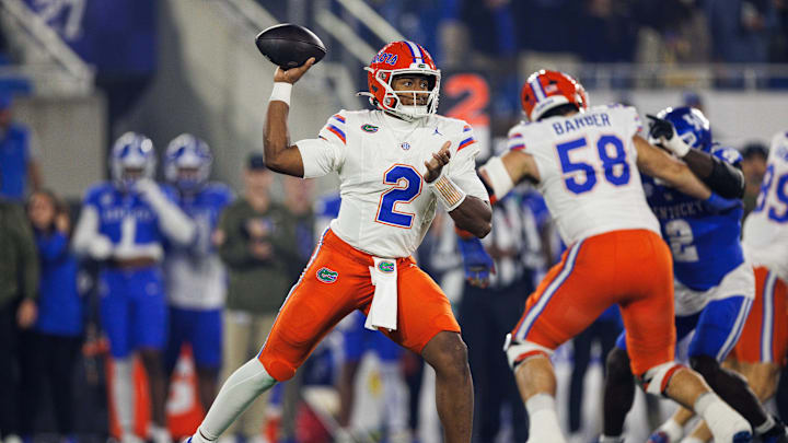 Nov 8, 2025; Lexington, Kentucky, USA; Florida Gators quarterback DJ Lagway (2) throws a pass during the first quarter against the Kentucky Wildcats at Kroger Field. Mandatory Credit: Jordan Prather-Imagn Images Nov 8, 2025; Lexington, Kentucky, USA; Florida Gators quarterback DJ Lagway (2) throws a pass during the first quarter against the Kentucky Wildcats at Kroger Field. Mandatory Credit: Jordan Prather-Imagn Images