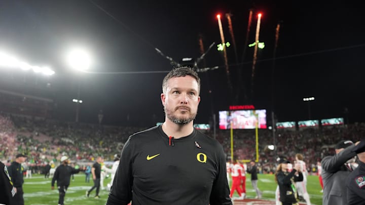 Jan 1, 2025; Pasadena, CA, USA; Oregon Ducks head coach Dan Lanning reacts after the loss against the Ohio State Buckeyes in the 2025 Rose Bowl college football quarterfinal game at Rose Bowl Stadium. 
