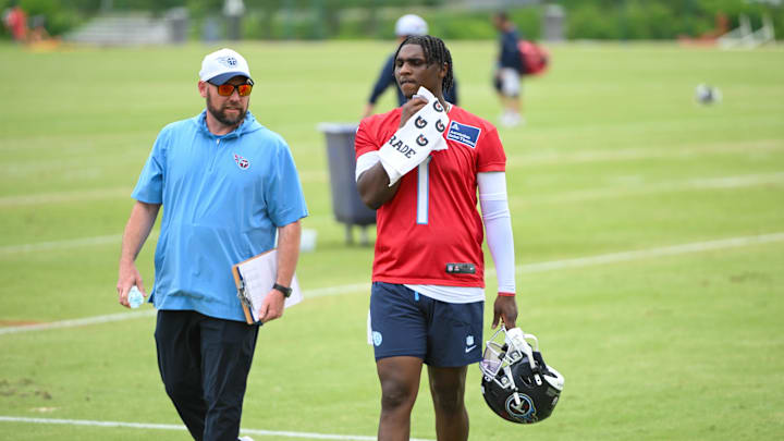 May 10, 2025; Nashville, TN, USA;  Tennessee Titans quarterback Cam Ward (1) walks of the field after finish first day of rookie mini camp at Saint Thomas Sports Park. Mandatory Credit: Steve Roberts-Imagn Images