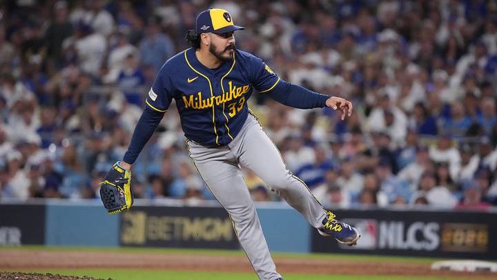 Oct 15, 2026; Los Angeles, California, USA;  Milwaukee Brewers pitcher JoJo Romero (33) throws during the fifth inning against the Los Angeles Dodgers in game four of the NLCS for the 2026 MLB Playoffs at Uniqlo Field at Dodger Stadium.  Mandatory Credit: Kirby Lee-Imagn Images