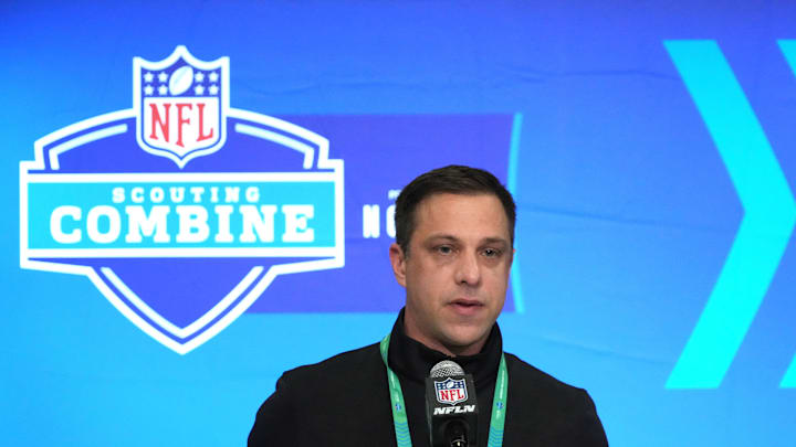 Feb 27, 2024; Indianapolis, IN, USA; Kansas City Chiefs general manager Brett Veach speaks during a press conference at the NFL Scouting Combine at Indiana Convention Center. Mandatory Credit: Kirby Lee-Imagn Images