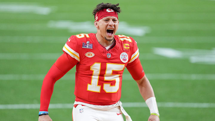 Feb 11, 2024; Paradise, Nevada, USA; Kansas City Chiefs quarterback Patrick Mahomes (15) shouts