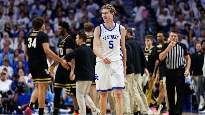 Feb 28, 2026; Lexington, Kentucky, USA; Kentucky Wildcats guard Collin Chandler (5) reacts as he walks to the bench during a timeout during the second half against the Vanderbilt Commodores at Rupp Arena at Central Bank Center. Mandatory Credit: Jordan Prather-Imagn Images