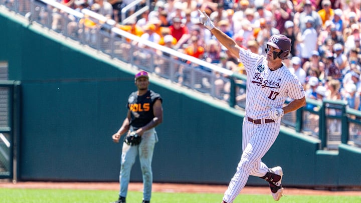 Jun 23, 2024; Omaha, NE, USA; Texas A&M Aggies right fielder Jace Laviolette (17) celebrates after hitting a home run against the Tennessee Volunteers during the first inning at Charles Schwab Field Omaha. Mandatory Credit: Dylan Widger-Imagn Images Jun 23, 2024; Omaha, NE, USA; Texas A&M Aggies right fielder Jace Laviolette (17) celebrates after hitting a home run against the Tennessee Volunteers during the first inning at Charles Schwab Field Omaha. Mandatory Credit: Dylan Widger-Imagn Images