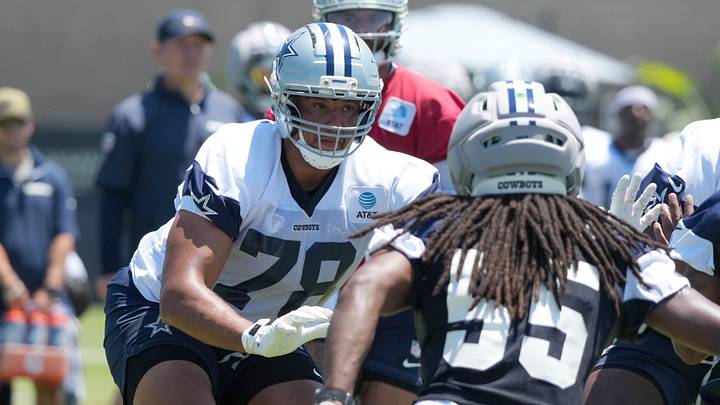 Dallas Cowboys offensive tackle Terence Steele (78) defends against linebacker Jaishawn Barham (55) at training camp at River Ridge Playing Fields. Mandatory Credit: Kirby Lee-Imagn Images Dallas Cowboys offensive tackle Terence Steele (78) defends against linebacker Jaishawn Barham (55) at training camp at River Ridge Playing Fields. Mandatory Credit: Kirby Lee-Imagn Images