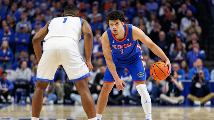 Jan 4, 2025; Lexington, Kentucky, USA; Florida Gators guard Walter Clayton Jr. (1) handles the ball during the first half against the Kentucky Wildcats at Rupp Arena at Central Bank Center. Mandatory Credit: Jordan Prather-Imagn Images