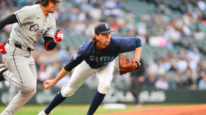 Seattle Mariners starting pitcher Logan Gilbert (36) throws the ball to first base for the force out on Chicago White Sox second baseman Nicky Lopez (8) during the third inning at T-Mobile Park on June 10. Seattle Mariners starting pitcher Logan Gilbert (36) throws the ball to first base for the force out on Chicago White Sox second baseman Nicky Lopez (8) during the third inning at T-Mobile Park on June 10.