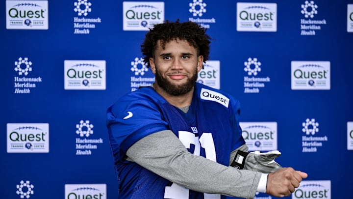 May 10, 2025; East Rutherford, NJ, USA; New York Giants offensive lineman Marcus Mbow (71) speaks during a press conference after rookie minicamp at Quest Diagnostics Training Center. May 10, 2025; East Rutherford, NJ, USA; New York Giants offensive lineman Marcus Mbow (71) speaks during a press conference after rookie minicamp at Quest Diagnostics Training Center.