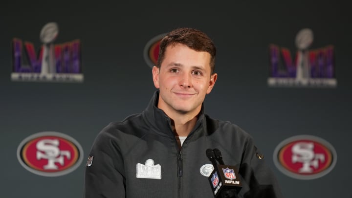 Feb 7, 2024; Las Vegas, NV, USA; San Francisco 49ers quarterback Brock Purdy (13) speaks during a press conference before Super Bowl LVIII at Hilton Lake Las Vegas Resort and Spa. Mandatory Credit: Kyle Terada-USA TODAY Sports