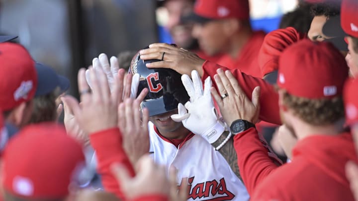 Oct 1, 2025; Cleveland, Ohio, USA; Cleveland Guardians shortstop Brayan Rocchio (4) celebrates in the dugout after scoring a home run in the eighth inning against the Detroit Tigers during game two of the Wildcard round for the 2025 MLB playoffs at Progressive Field. Mandatory Credit: Ken Blaze-Imagn Images Oct 1, 2025; Cleveland, Ohio, USA; Cleveland Guardians shortstop Brayan Rocchio (4) celebrates in the dugout after scoring a home run in the eighth inning against the Detroit Tigers during game two of the Wildcard round for the 2025 MLB playoffs at Progressive Field. Mandatory Credit: Ken Blaze-Imagn Images