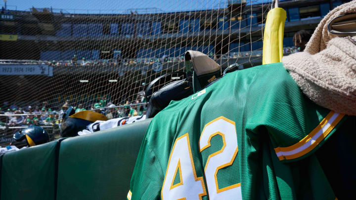 A general view of an Oakland Athletics baseball jersey uniform number 42 on Jackie Robinson Day before the game against the New York Mets at RingCentral Coliseum in 2023. A general view of an Oakland Athletics baseball jersey uniform number 42 on Jackie Robinson Day before the game against the New York Mets at RingCentral Coliseum in 2023.