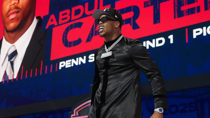 Apr 24, 2025; Green Bay, WI, USA; Penn State Nittany Lions defensive end Abdul Carter is selected by the New York Giants as the number three pick in the first round of the 2025 NFL Draft at Lambeau Field.  