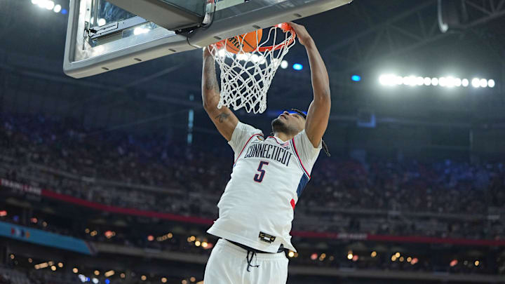 Apr 8, 2024; Glendale, AZ, USA; Connecticut Huskies guard Stephon Castle (5) warms up before the national championship game of the Final Four of the 2024 NCAA Tournament between the Connecticut Huskies and the Purdue Boilermakers at State Farm Stadium. Mandatory Credit: Bob Donnan-USA TODAY Sports