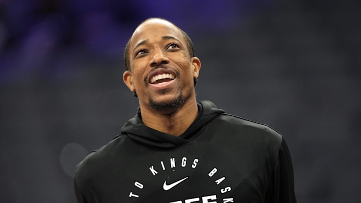 Mar 22, 2025; Sacramento, California, USA; Sacramento Kings forward DeMar DeRozan (10) before the game against the Milwaukee Bucks at Golden 1 Center. Mandatory Credit: Darren Yamashita-Imagn Images Mar 22, 2025; Sacramento, California, USA; Sacramento Kings forward DeMar DeRozan (10) before the game against the Milwaukee Bucks at Golden 1 Center. Mandatory Credit: Darren Yamashita-Imagn Images