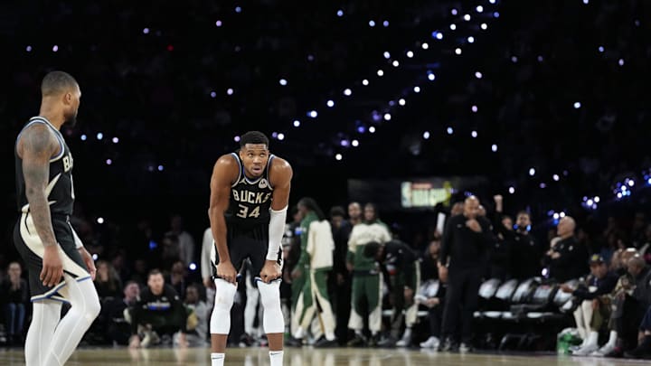 Dec 14, 2024; Las Vegas, Nevada, USA; Milwaukee Bucks forward Giannis Antetokounmpo (34) looks on during the fourth quarter against the Atlanta Hawks in a semifinal of the 2024 Emirates NBA Cup at T-Mobile Arena. Mandatory Credit: Kyle Terada-Imagn Images Dec 14, 2024; Las Vegas, Nevada, USA; Milwaukee Bucks forward Giannis Antetokounmpo (34) looks on during the fourth quarter against the Atlanta Hawks in a semifinal of the 2024 Emirates NBA Cup at T-Mobile Arena. Mandatory Credit: Kyle Terada-Imagn Images