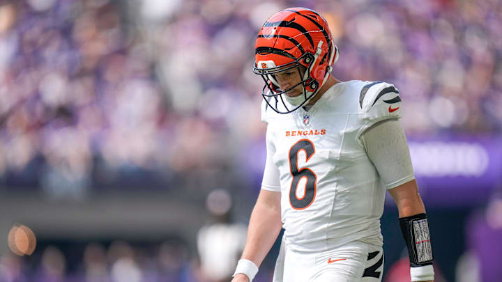 Cincinnati Bengals quarterback Jake Browning (6) walks on the field in the second quarter of the NFL Week 3 game between the Minnesota Vikings and the Cincinnati Bengals at U.S. Bank Stadium in Minneapolis on Sunday, Sept. 21, 2025.