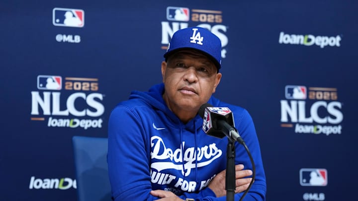 Oct 17, 2025; Los Angeles, California, USA; Los Angeles Dodgers manager Dave Roberts (30) speaks in a press conference before game four against the Milwaukee Brewers in the NLCS round for the 2025 MLB playoffs at Dodger Stadium. Mandatory Credit: Kirby Lee-Imagn Images Oct 17, 2025; Los Angeles, California, USA; Los Angeles Dodgers manager Dave Roberts (30) speaks in a press conference before game four against the Milwaukee Brewers in the NLCS round for the 2025 MLB playoffs at Dodger Stadium. Mandatory Credit: Kirby Lee-Imagn Images