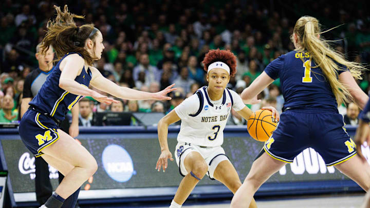 Notre Dame guard Hannah Hidalgo (3) makes a move during the second round of the NCAA Women's Basketball Tournament between Notre Dame and Michigan at Purcell Pavilion on Sunday, March 23, 2025, in South Bend.