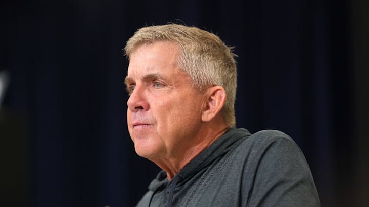 Feb 24, 2026; Indianapolis, IN, USA; Denver Broncos coach Sean Payton speaks at the NFL Scouting Combine at the Indiana Convention Center. Mandatory Credit: Kirby Lee-Imagn Images