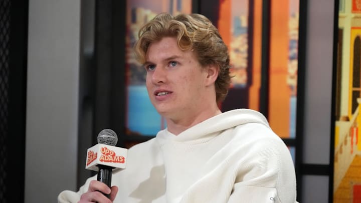 Feb 6, 2026; San Francisco, CA, USA; Cleveland Browns linebacker Carson Schwesinger on the Up & Adams show set at the Super Bowl LX media center at the Moscone Center. Mandatory Credit: Kirby Lee-Imagn Images