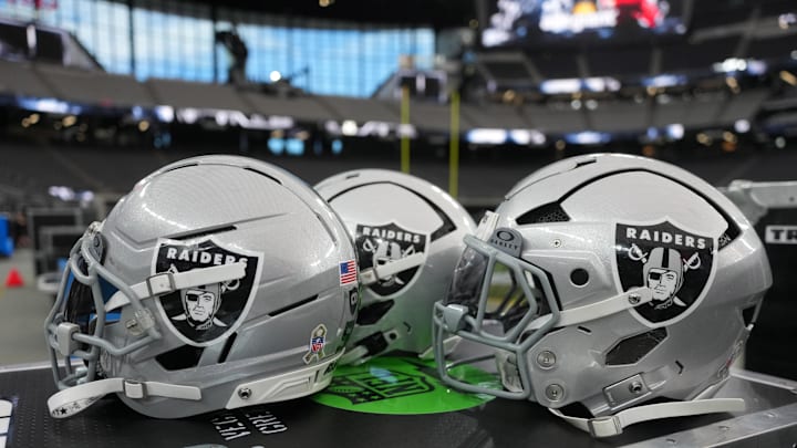 Nov 23, 2025; Paradise, Nevada, USA; Las Vegas Raiders helmets on the sidelines at Allegiant Stadium. Mandatory Credit: Kirby Lee-Imagn Images