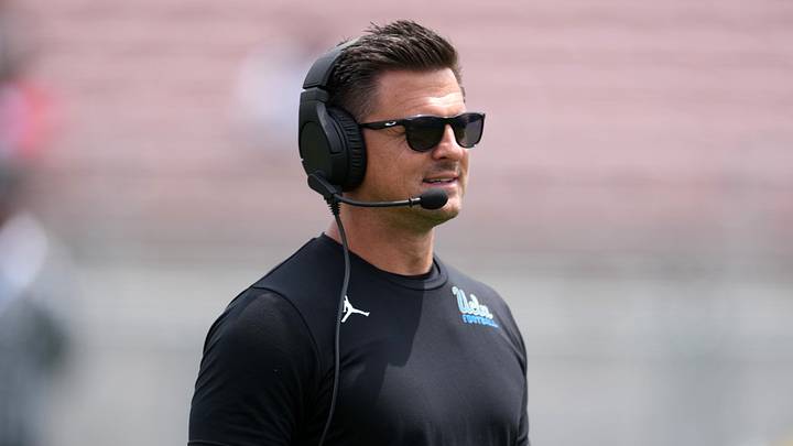 May 2, 2026; Pasadena, CA, USA; UCLA Bruins coach Bob Chesney reacts during the spring game at Rose Bowl. Mandatory Credit: Kirby Lee-Imagn Images