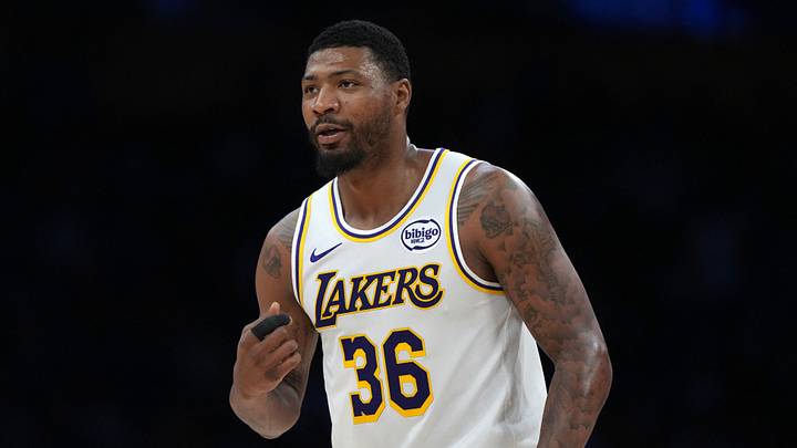 Mar 8, 2026; Los Angeles, California, USA; Los Angeles Lakers guard Marcus Smart (36) reacts against the New York Knicks at Crypto.com Arena. Mar 8, 2026; Los Angeles, California, USA; Los Angeles Lakers guard Marcus Smart (36) reacts against the New York Knicks at Crypto.com Arena.