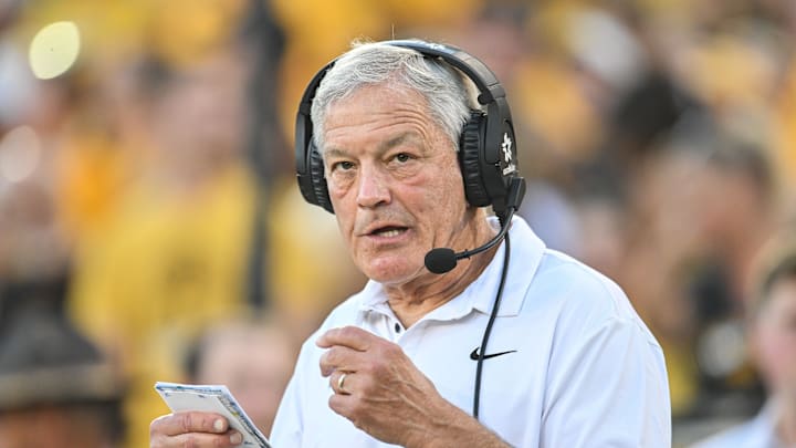 Sep 13, 2025; Iowa City, Iowa, USA; Iowa Hawkeyes head coach Kirk Ferentz looks on before the game against the Massachusetts Minutemen at Kinnick Stadium. Mandatory Credit: Jeffrey Becker-Imagn Images