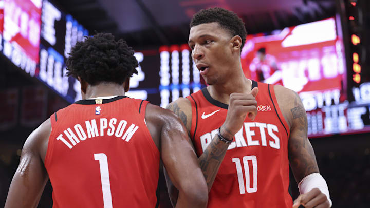 Dec 11, 2025; Houston, Texas, USA; Houston Rockets forward Jabari Smith Jr. (10) and guard Amen Thompson (1) react after a play during the fourth quarter against the Los Angeles Clippers at Toyota Center. Mandatory Credit: Troy Taormina-Imagn Images Dec 11, 2025; Houston, Texas, USA; Houston Rockets forward Jabari Smith Jr. (10) and guard Amen Thompson (1) react after a play during the fourth quarter against the Los Angeles Clippers at Toyota Center. Mandatory Credit: Troy Taormina-Imagn Images