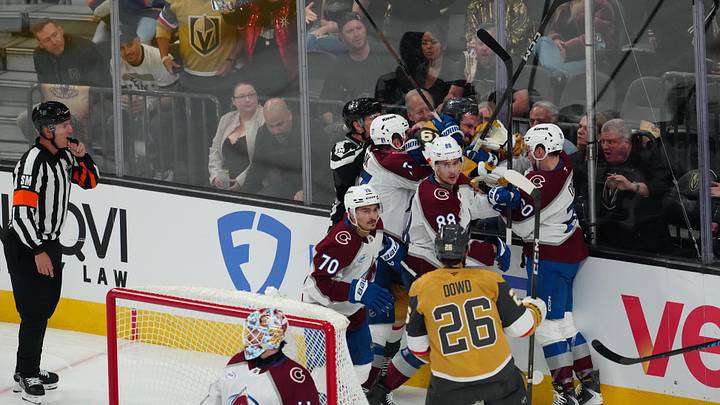 May 24, 2026; Las Vegas, Nevada, USA; Vegas Golden Knights and Colorado Avalanche fight during the third period in game three of the Western Conference Final of the 2026 Stanley Cup Playoffs at T-Mobile Arena. Mandatory Credit: Stephen R. Sylvanie-Imagn Images